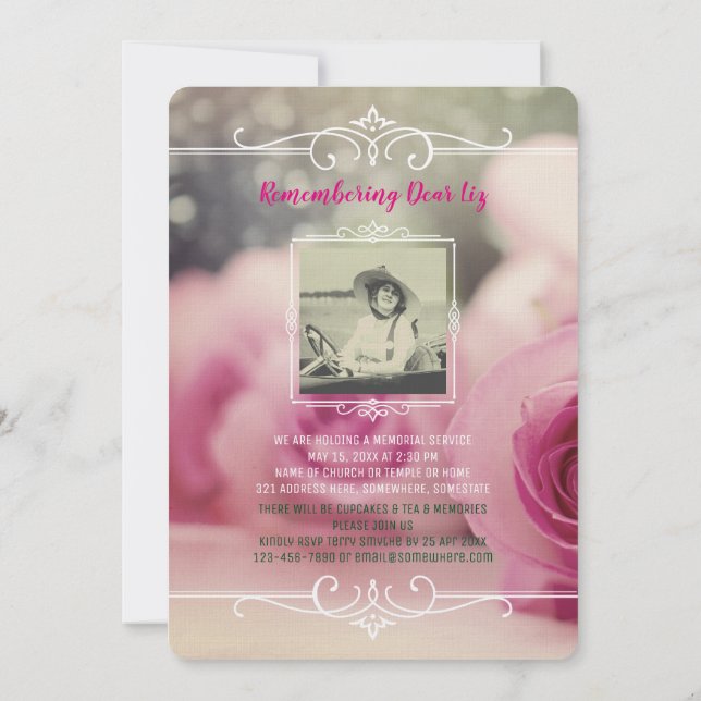 Add Your Own Photo Memorial Service Pink Roses Invitation (Back)