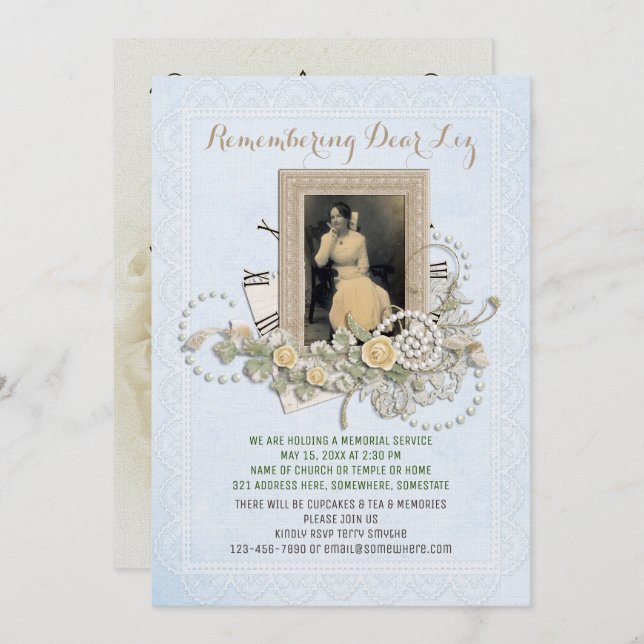 Add Your Own Photo Memorial Service Roses Pearls Invitation (Front/Back)