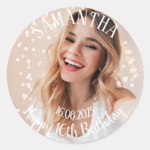 Add your own photo personalized 16th Birthday  Classic Round Sticker