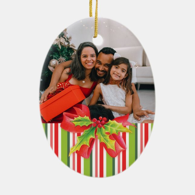 Add your own photo red green & white ornament (Back)