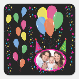 Add Your Own Photo to Party Hats and Balloons Square Sticker