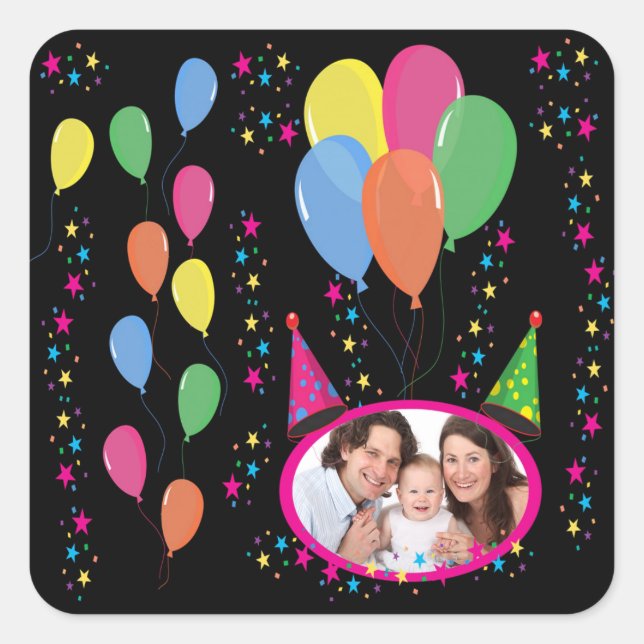 Add Your Own Photo to Party Hats and Balloons Square Sticker (Front)