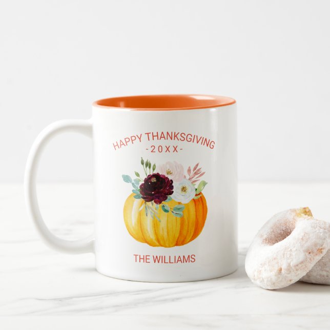 Add Your Own Text Personalised Floral Pumpkin Two-Tone Coffee Mug (With Donut)