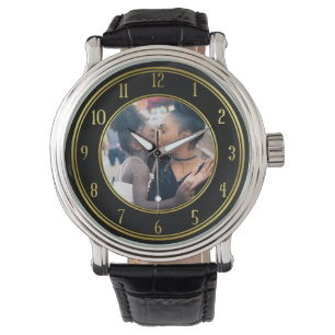 Add Your Personalised Photo Gold Black Elegant Watch