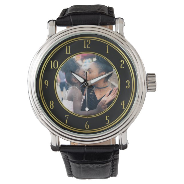 Add Your Personalised Photo | Gold Black Elegant Watch (Front)