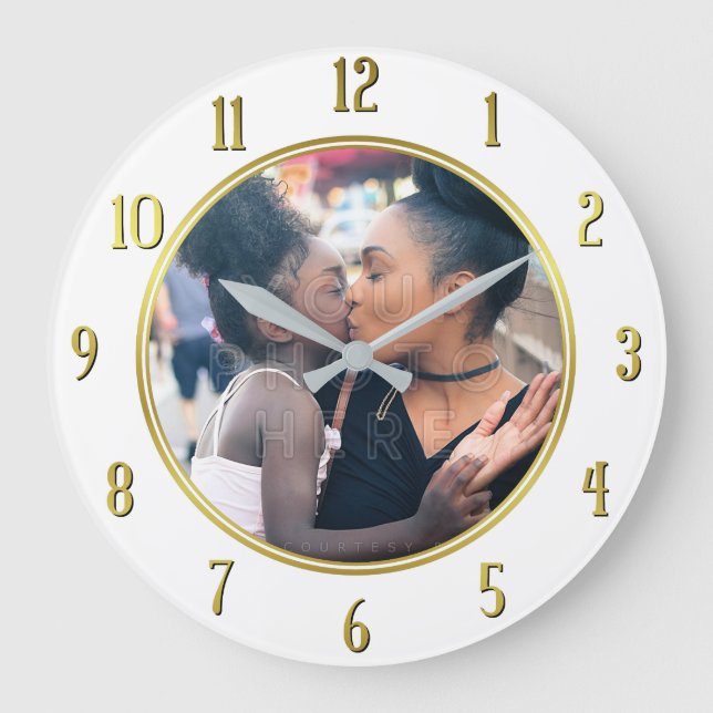 Add Your Personalized Photo | Gold White Elegant Large Clock (Front)