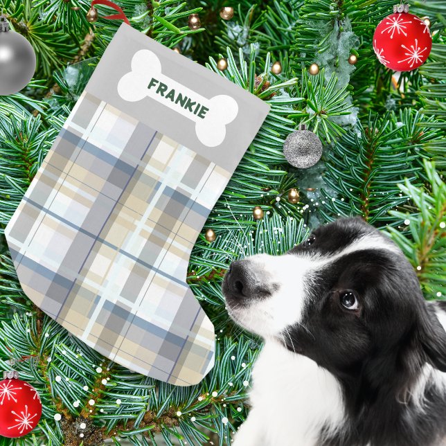 Add Your Pet's Name Festive Plaid Custom Dog Small Christmas Stocking (A Christmas stocking for your dog, with gray plaid pattern. Add your pet's name in the bone shape)