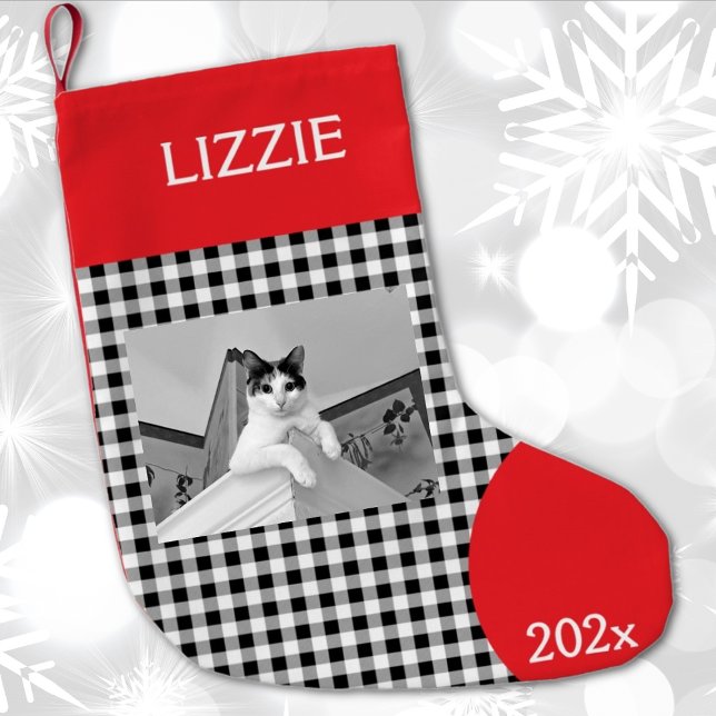 Add Your Photo Buffalo Check Name Pet Small Christmas Stocking (Creator Uploaded)