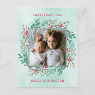Add Your Photo Christmas Holiday Floral Wreath Postcard