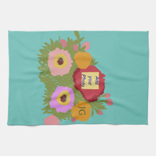 Add your photo Floral Pattern With Initial Teal Tea Towel