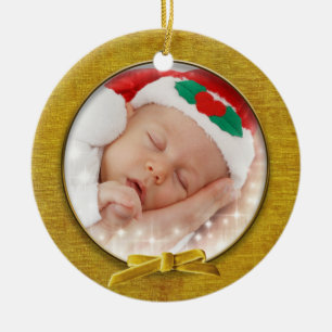 Add Your Photo - Gold Chenille Round Template Ceramic Tree Decoration
