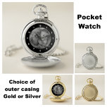 Add your photo memento for Dad black Pocket Watch<br><div class="desc">Pocket watch gift keepsake.
Birthday gift for Dad,  or Father's Day.
Replace the photo with your own.
A filter is used to change your photo to black and white.
Black border with white numbers.</div>