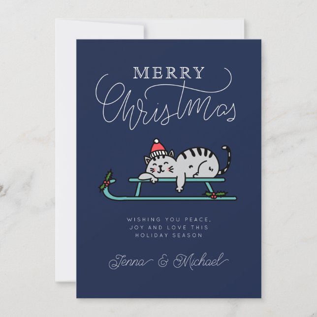 ADD YOUR PHOTO | Merry Christmas Winter Sled Cat Invitation (Front)
