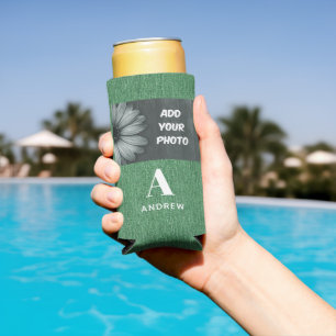 Add Your Photo or Logo, Green Denim Print, Sporty Seltzer Can Cooler