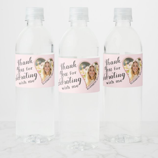 Add Your Photo Pink Graduation Thank You Water Bottle Label (Bottles)