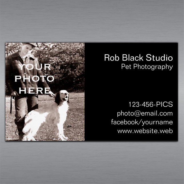 Add Your Photo Simple Black with White Text Magnetic Business Card (Creator Uploaded)