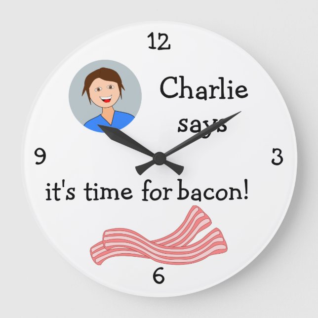 Add Your Photo: 'Time for Bacon' Large Clock (Front)