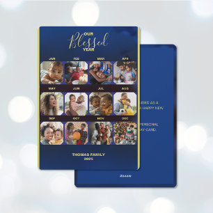 Add Your Photos Bless Year Blue Flat Holiday Card