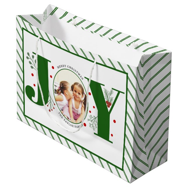 Add your photos green JOY and stripes Large Gift Bag (Front Angled)