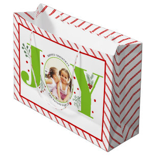 Add your photos lime green JOY and red stripes Large Gift Bag
