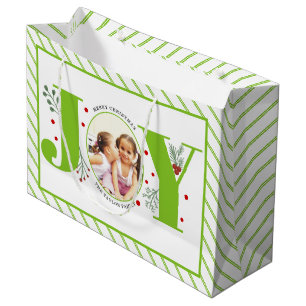 Add your photos lime green JOY and stripes Large Gift Bag