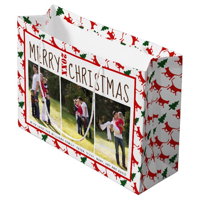 Add your photos Merry Christmas cats and trees Large Gift Bag (Front Angled)