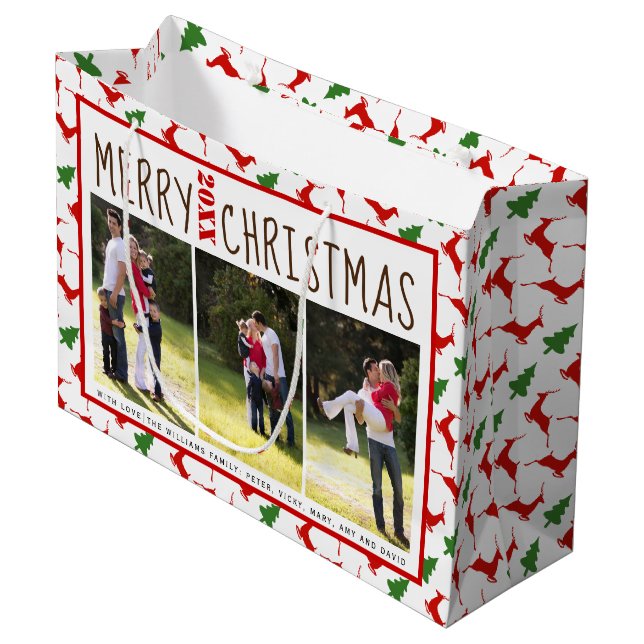 Add your photos Merry Christmas deer and trees Large Gift Bag (Front Angled)