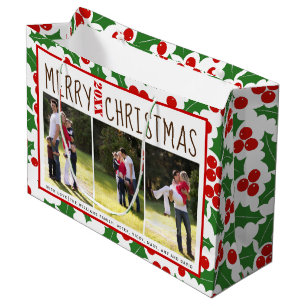 Add your photos Merry Christmas holly berry Large Gift Bag