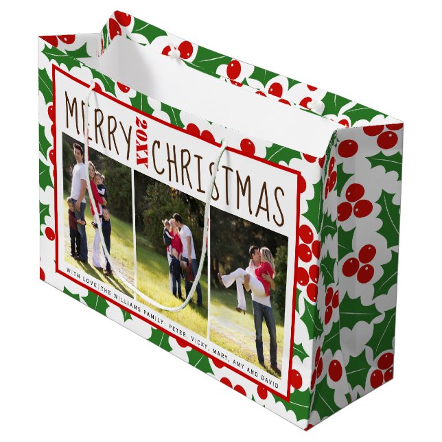 Add your photos Merry Christmas holly berry Large Gift Bag (Front Angled)