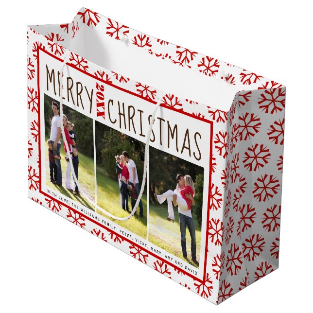 Add your photos Merry Christmas red snowflake Large Gift Bag (Front Angled)