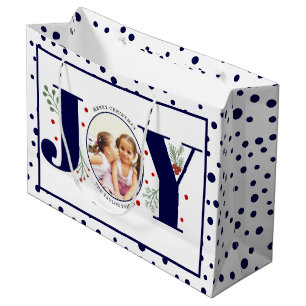 Add your photos navy blue JOY and polka dots Large Gift Bag