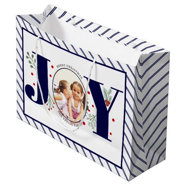 Add your photos navy blue JOY and stripes Large Gift Bag (Front Angled)