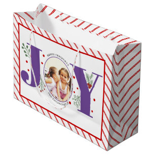 Add your photos purple JOY and red stripes Large Gift Bag