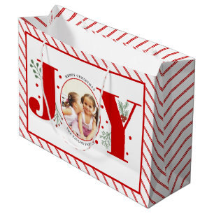 Add your photos red JOY and stripes Large Gift Bag