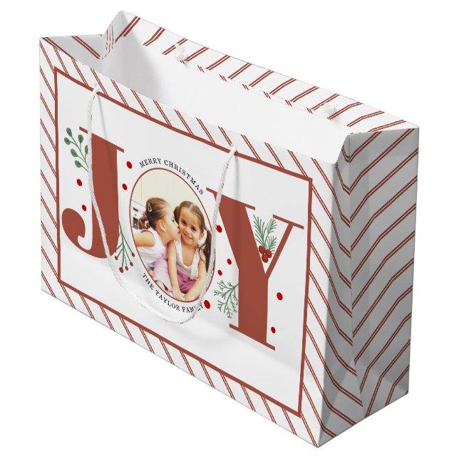Add your photos terracotta JOY and stripes Large Gift Bag (Front Angled)
