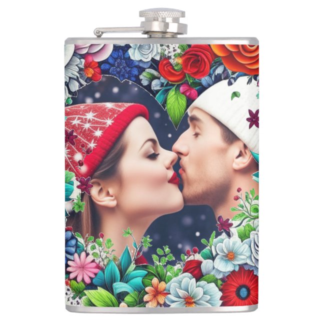 Add Your Picture | Floral Heart Frame Hip Flask (Front)