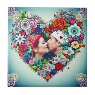 Add Your Picture Floral Heart Frame Tile