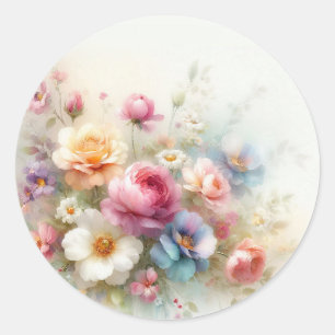 Add Your Text Blank Template Aquarell Flowers Classic Round Sticker