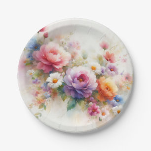 Add Your Text Custom Watercolor Flowers Round Paper Plate