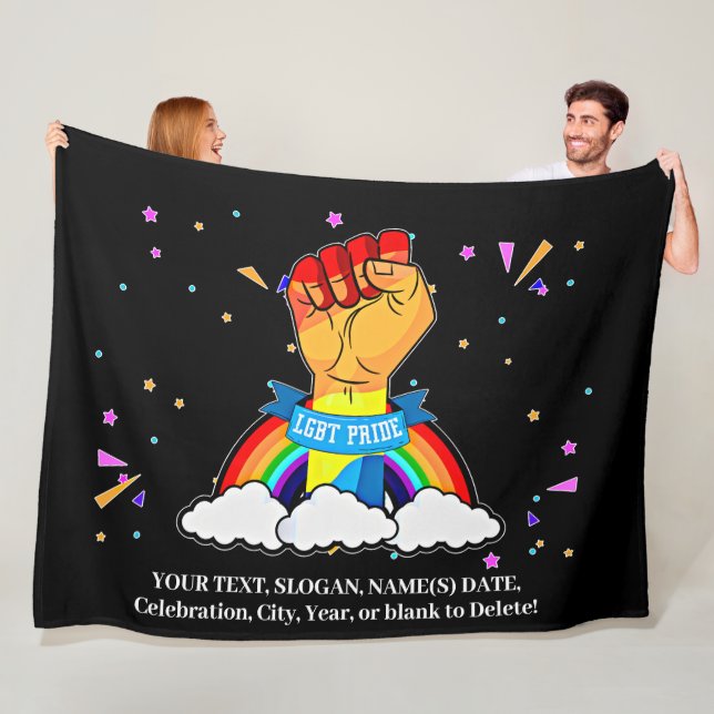 Add Your Text, Gay Pride Rainbow Fist Clouds  Fleece Blanket (In Situ)