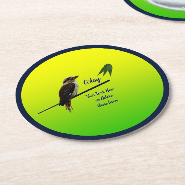 Add Your Text, Kookaburra Australian Party 7"  Round Paper Coaster (Angled)