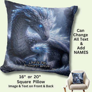 Add Your Text Name, Blue Ice Dragon & Baby in Cave Cushion