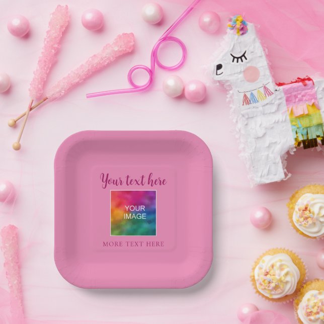 Add Your Text Name Photo Image Here Pink Square Paper Plate (Party)