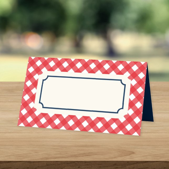 Add Your Text Red Gingham with Blue Border Place Card (Creator Uploaded)