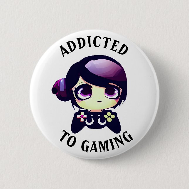 Addicted to Gaming | Cute Kawaii Girl Gamer 6 Cm Round Badge (Front)