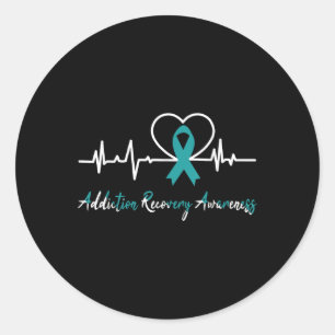 Addiction Recovery Awareness Heartbeat Teal Ribbon Classic Round Sticker