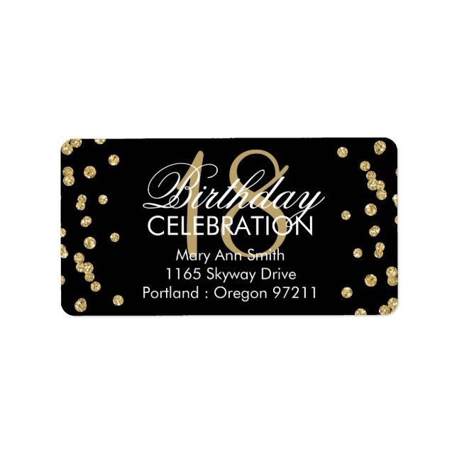 Address 18th Birthday Gold Glitter Confetti Black Label (Front)