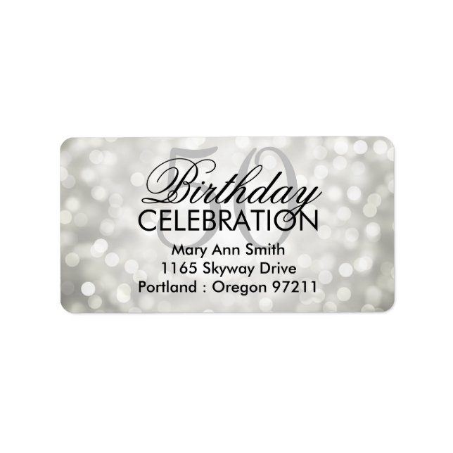 Address 50th Birthday Party Silver Glitter Lights Label (Front)