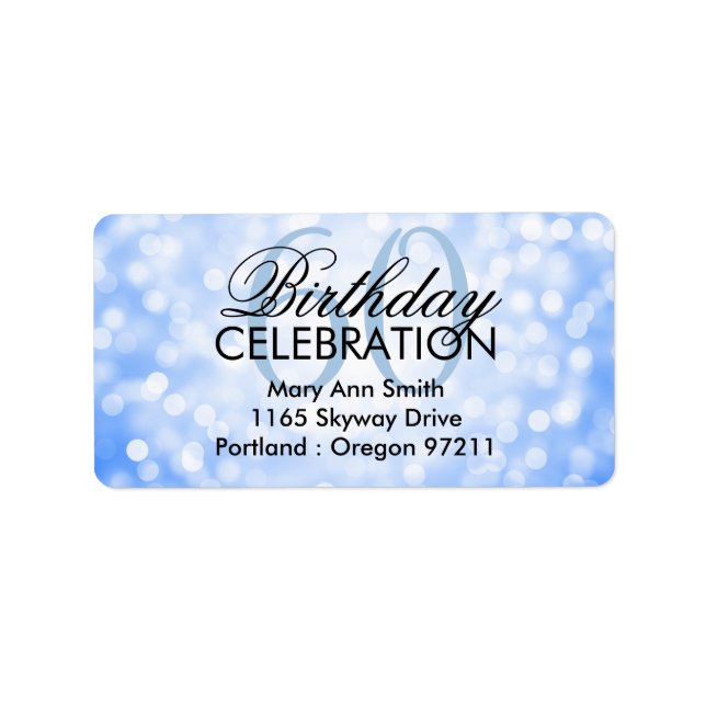 Address 60th Birthday Party Blue Glitter Lights Label (Front)