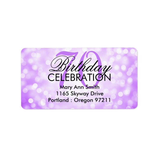 Address 70th Birthday Party Purple Glitter Lights Label (Front)